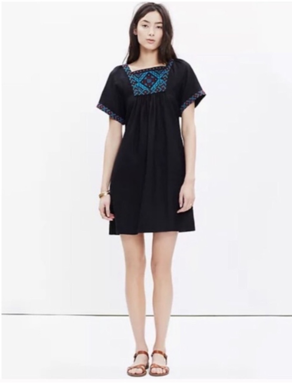 Madewell Black Linen Embroidered Square-Neck Shift Dress with Blue Accent XS